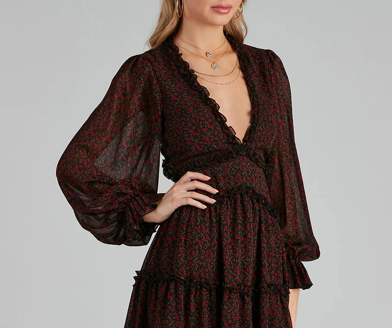 Plucking Roses Chiffon Peasant Dress