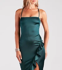 Dinner Party Satin Ruffle Midi Dress
