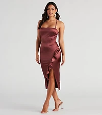 Dinner Party Satin Ruffle Midi Dress