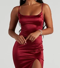 Behold Me Satin Slit Midi Dress