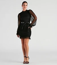 Chic Pleated Mesh Faux Leather Belted Mini Dress