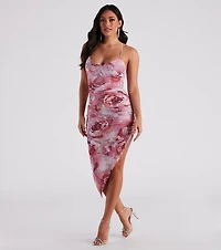 Dreamy Floral Ruched Mesh Midi Dress