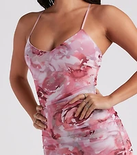 Dreamy Floral Ruched Mesh Midi Dress