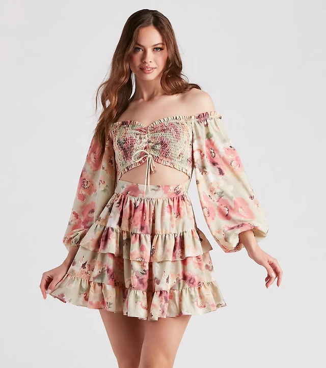 sunset happy hour ruffled skater dress Windsor Golden Hour Floral Ruffled Skater Dress