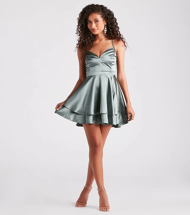 Windsor Dreamy Lace-Up Satin Skater Dress