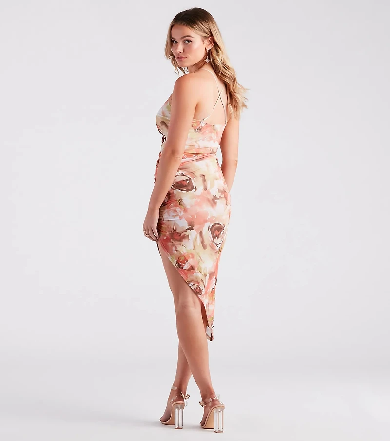 Dreamy Floral Ruched Mesh Midi Dress