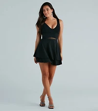 Give Me A Twirl Crepe Mesh Waist Skater Dress