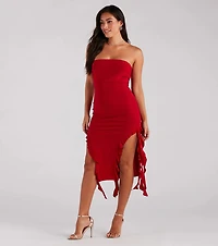 Flirtatious Aura Ruffled High Slit Midi Dress