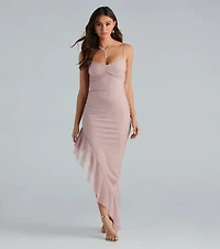 One Last Dance Glitter Asymmetric Ruffled Maxi Dress