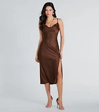 Classic Silky Satin High Slit Midi Dress