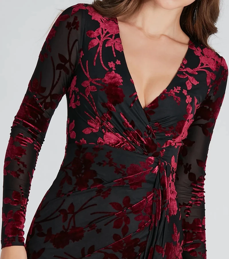 Vision Velvet Pattern V-Neck Tie Mini Dress