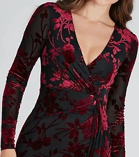 Vision Velvet Pattern V-Neck Tie Mini Dress