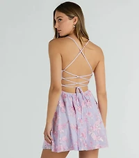 Floral Retreat Lace Up Embroidered Skater Dress