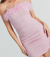 Radiant Glow Feather Trim Glitter Mini Dress