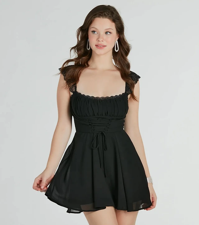 white christmas dresses Sweet Romance Lace Trim Corset Skater Dress