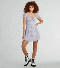 Sweetest Style Puff Sleeve Floral Chiffon Skater Dress