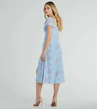 Forever Beauty Puff Sleeve Floral Chiffon Midi Dress