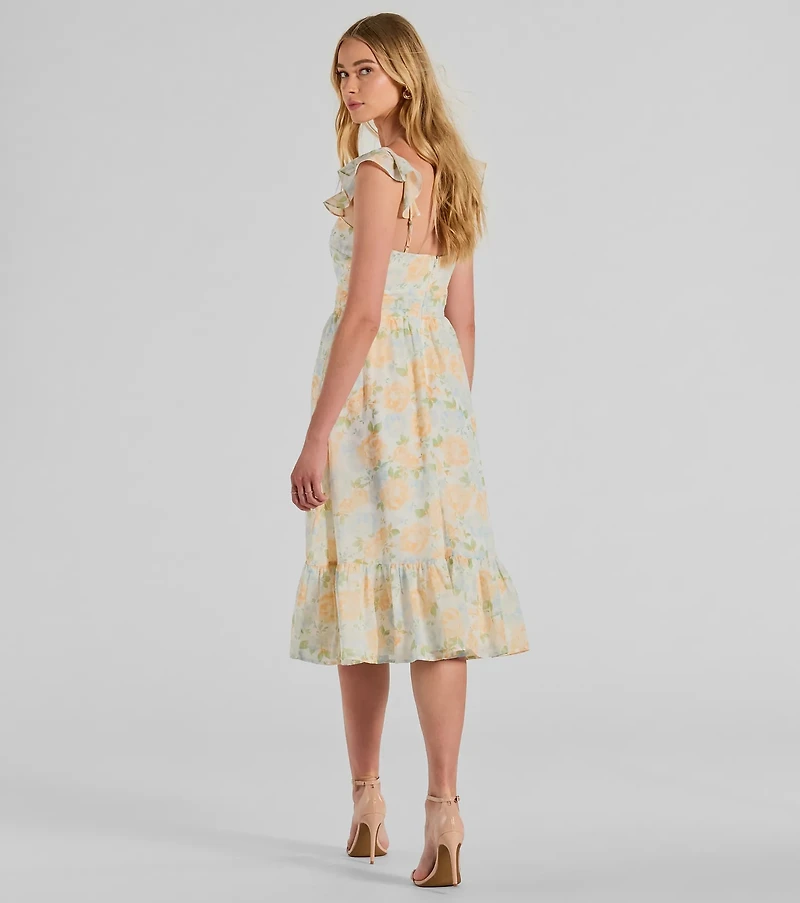 Delightfully Chic Ruffled Floral Chiffon Midi Dress