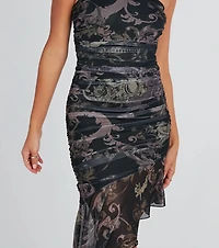 Mystical Beauty Greek Print Ruffle Midi Dress