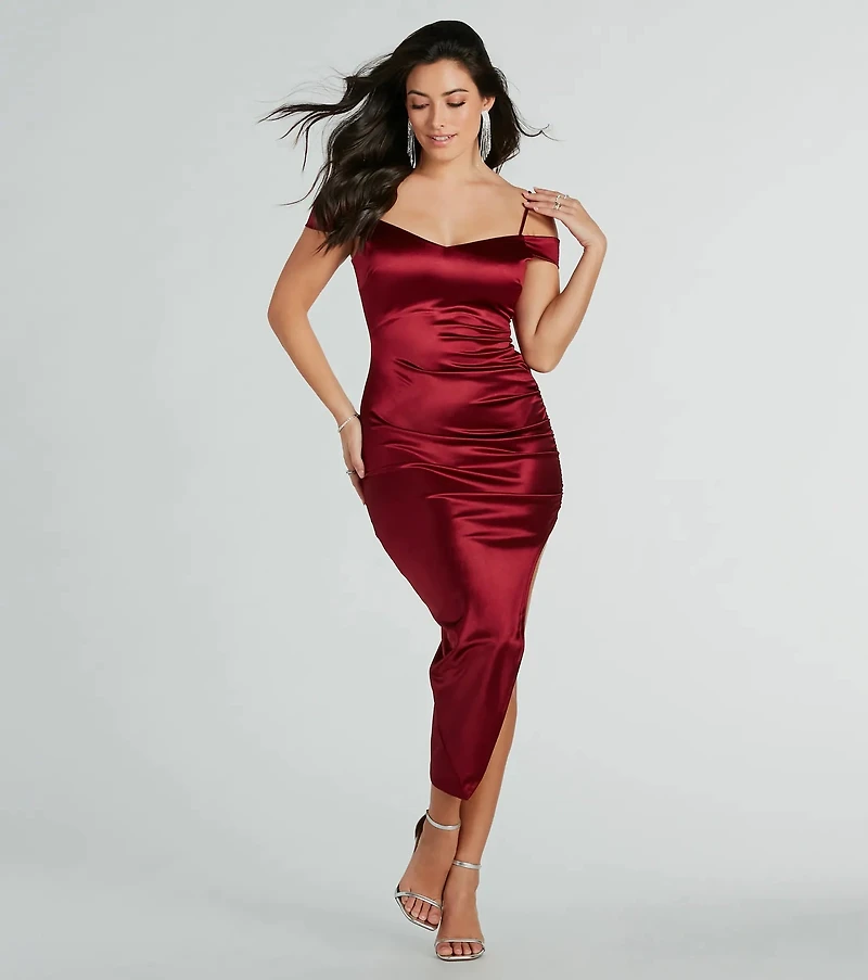 Stunning Arrival Satin Ruched Midi Dress
