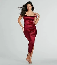 Stunning Arrival Satin Ruched Midi Dress