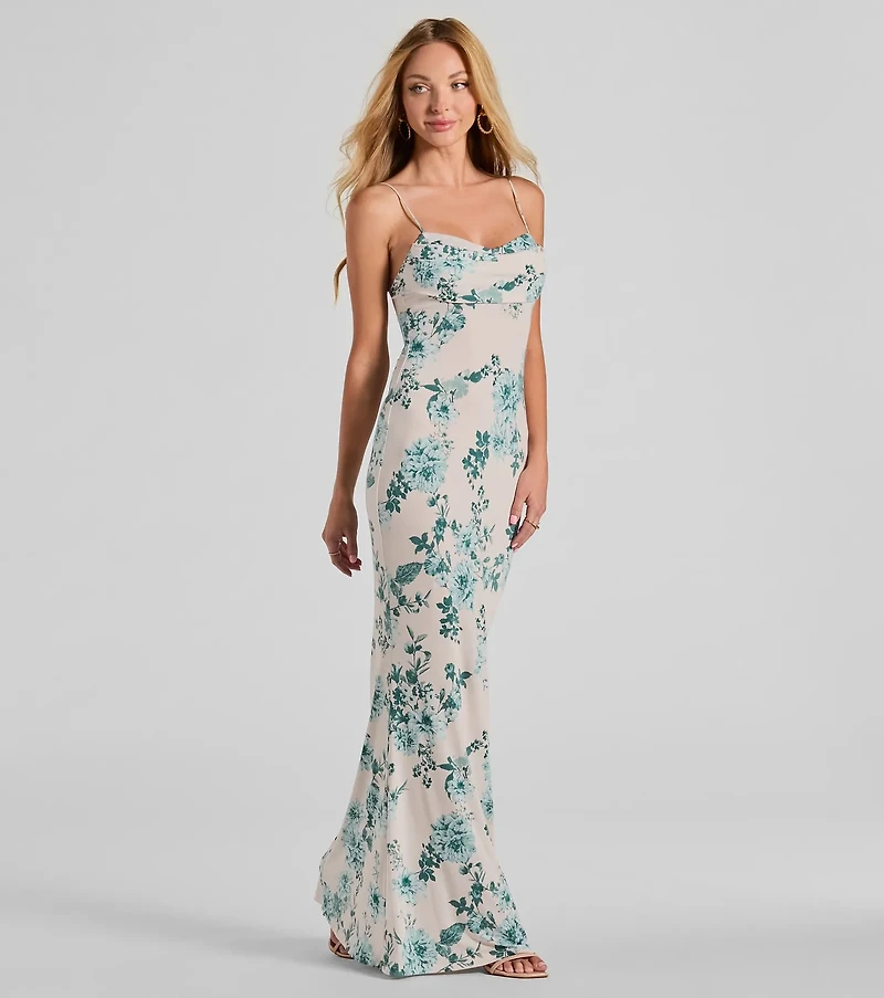 Delightful And Sweet Cowl Neck Floral Maxi Dress