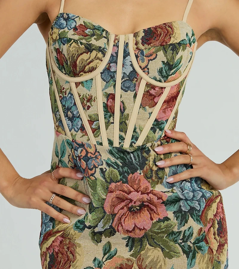 chinese dress ladies Edikted Floral Tapestry Lace Up Corset - Cream