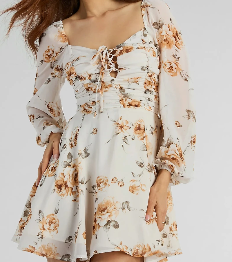 Gorgeous Mood Lace Up Floral Chiffon Skater Dress