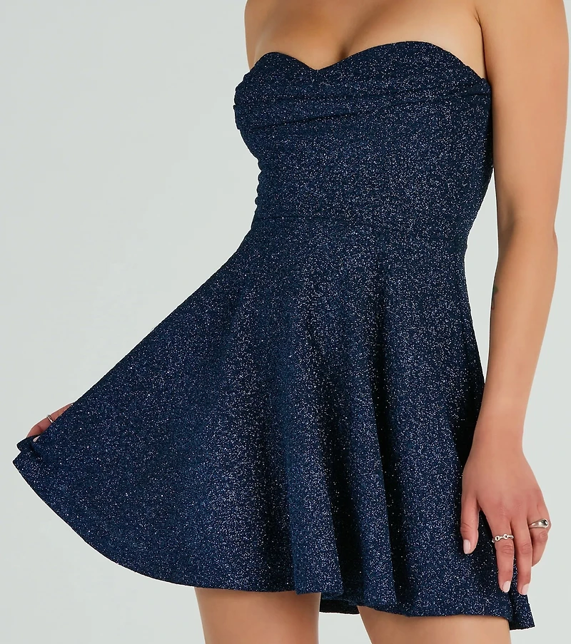 Got Ya Shimmering Strapless Glitter Skater Dress
