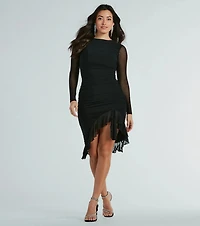 Impress Me Long Sleeve Ruffled Mesh Midi Dress