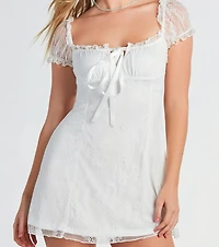 Lovely Lace Ruffled Puff Sleeve Mini Dress