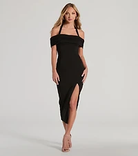 Dial F For Flirty Off-The-Shoulder Halter Midi Dress