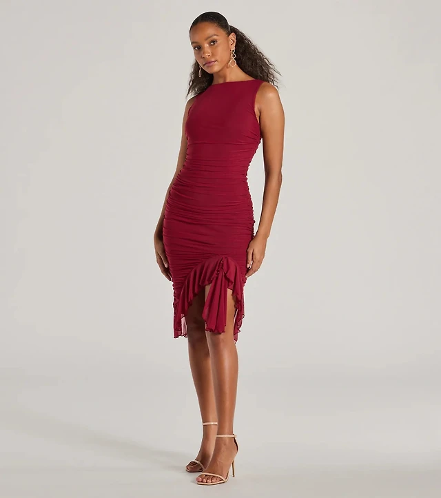 casey formal mesh high neck ruffle midi dress Windsor at Foxvalley Mall in Aurora, IL Back Style_Corset