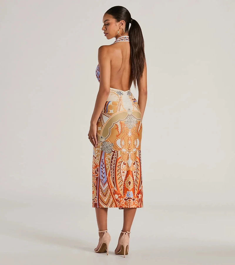 Vibrant Side Geometric Print Bodycon Midi Dress