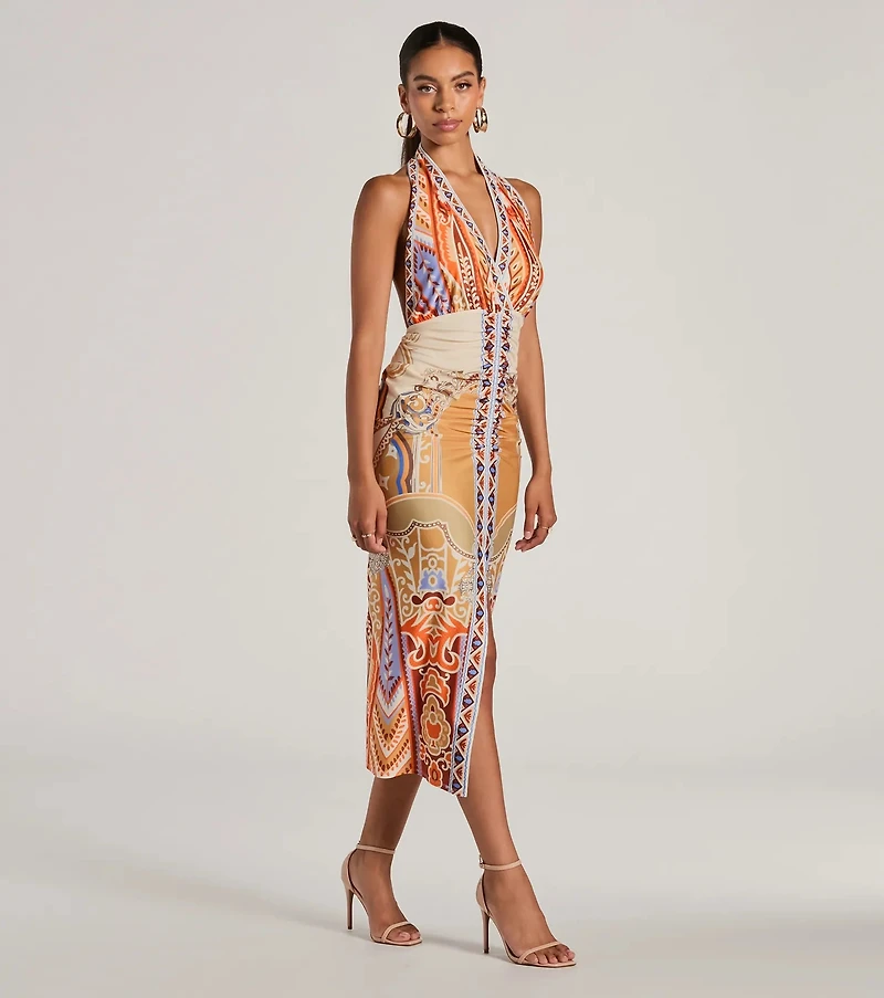 Vibrant Side Geometric Print Bodycon Midi Dress