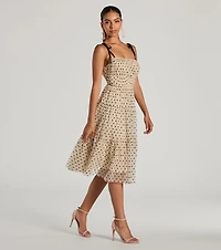 Timeless Look Bow Strap Polka Dot Tulle Midi Dress