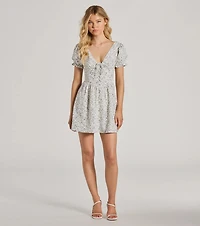 Darling Babe Floral Woven Puff Sleeve Skater Dress