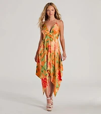 Paradise Bound Tropical Floral Satin Midi Dress