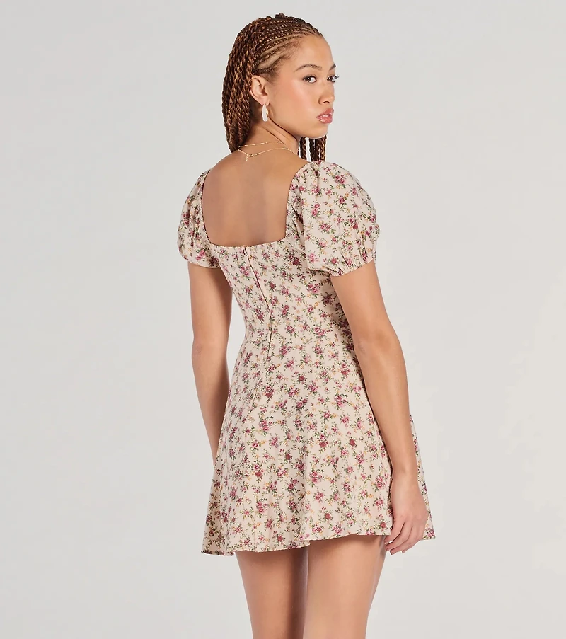 Prettiest Darling Puff Sleeve Floral Skater Dress