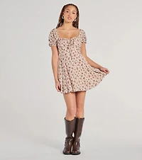 Prettiest Darling Puff Sleeve Floral Skater Dress
