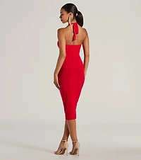 Evening Of Sultry Plunge V-Neck Halter Midi Dress