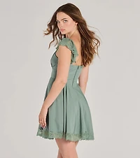 Darling Delight Sleeveless Lace Trim Skater Dress