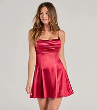 True Perfection Pleated Satin Skater Dress