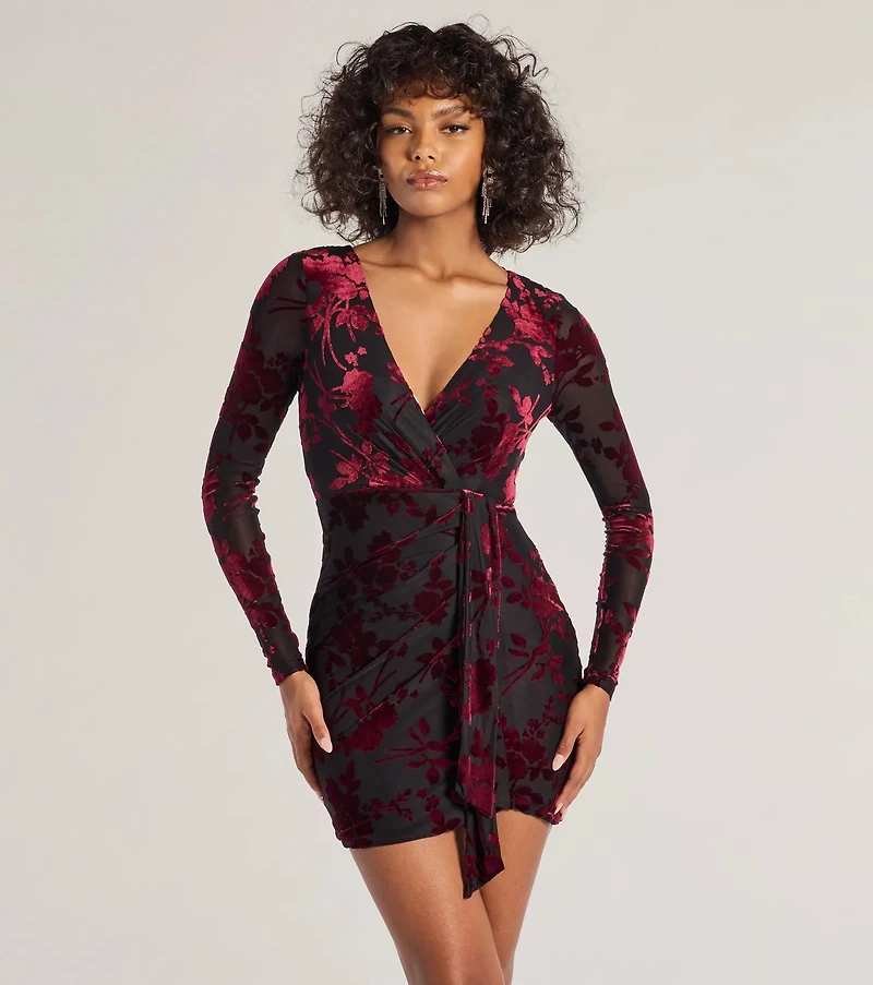 Vision Velvet Pattern V-Neck Tie Mini Dress