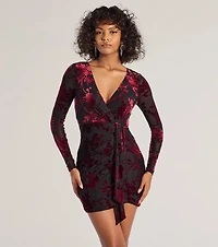 Vision Velvet Pattern V-Neck Tie Mini Dress