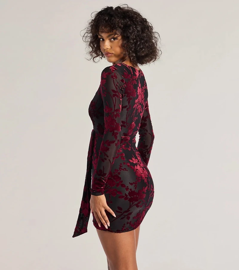 Vision Velvet Pattern V-Neck Tie Mini Dress