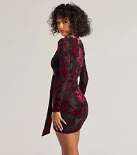 Vision Velvet Pattern V-Neck Tie Mini Dress