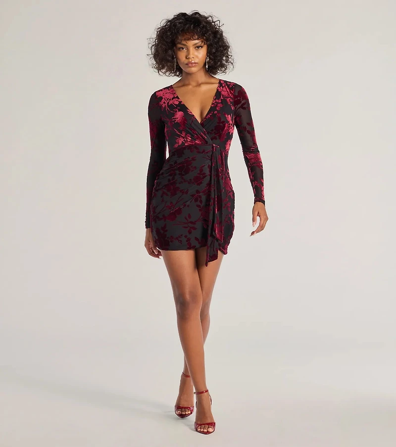 Vision Velvet Pattern V-Neck Tie Mini Dress