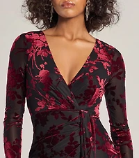 Vision Velvet Pattern V-Neck Tie Mini Dress
