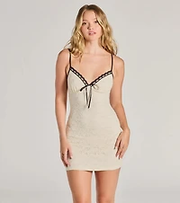 Delicate Love Bow V-Neck Lace Mini Dress